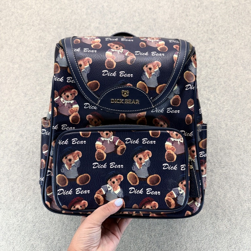 NWT Dick Bear Unisex Backpack Navy Blue Teddy Bear Print School Bag Front Pocket